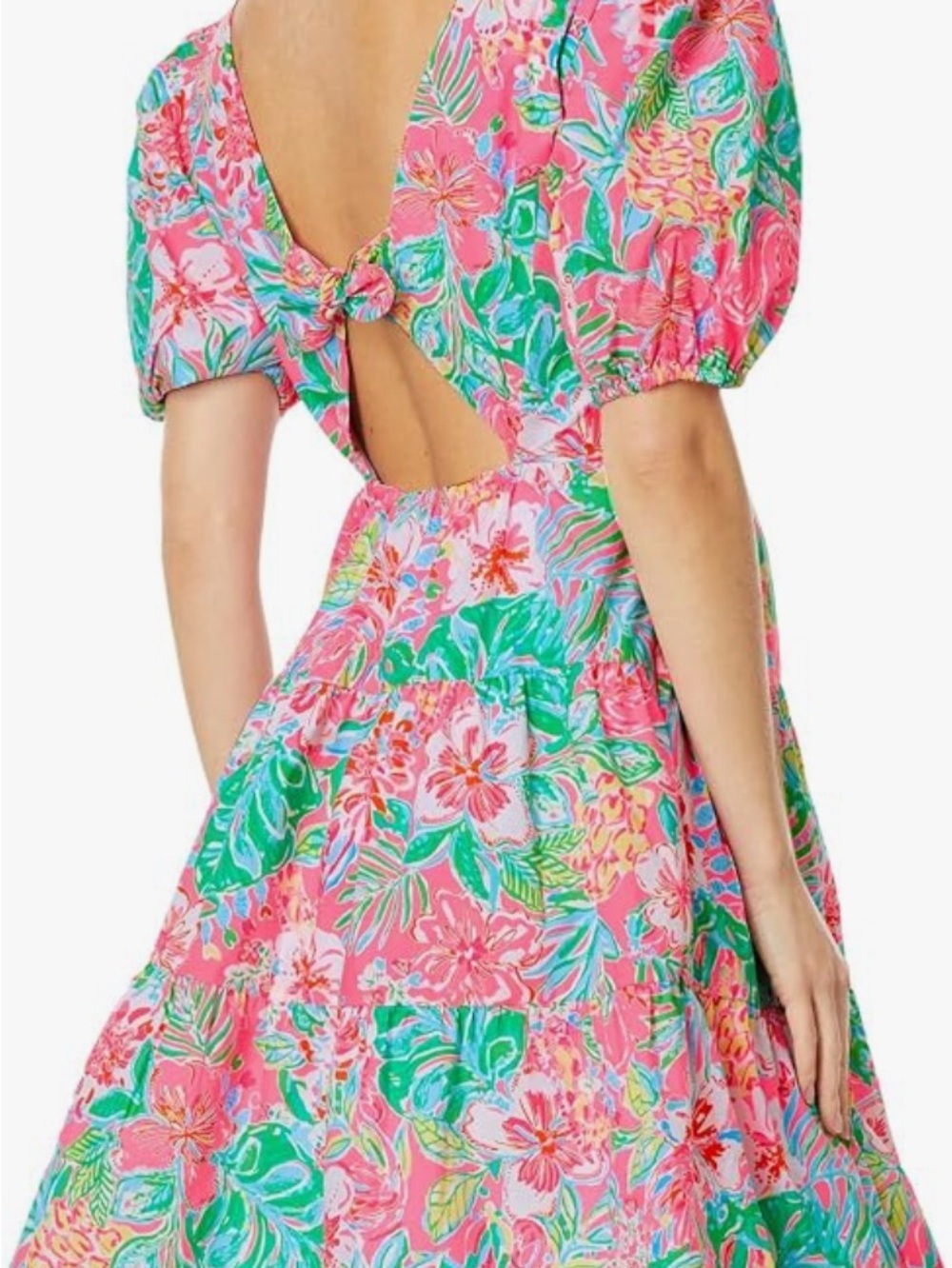 Lilly Pulitzer Pink & Green Floral Tie-Back Puff Sleeve Midi Dress